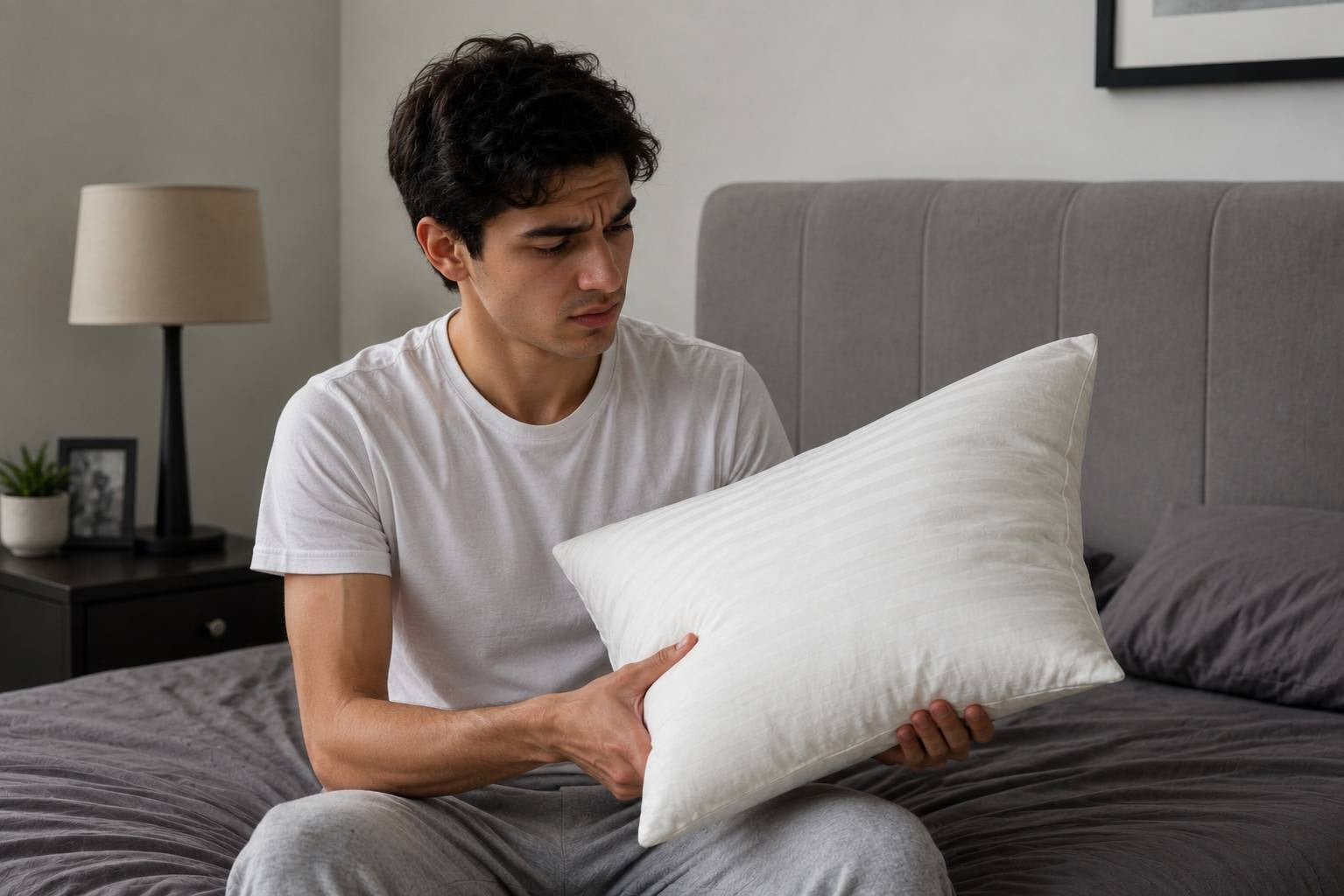 رجل يحمل وسادة عادية بانزعاج